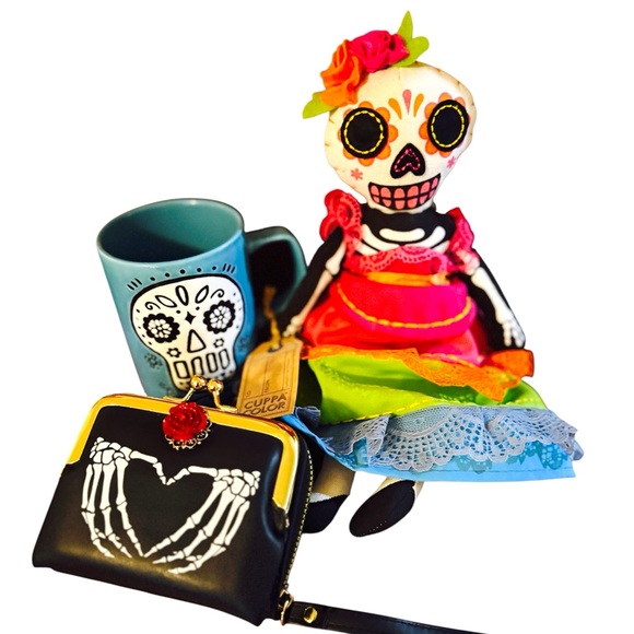DIA DE LOS MUERTOS 3 Pc Bundle Sugar Skull Mug Doll Wallet Coin Purse Halloween - Picture 1 of 9
